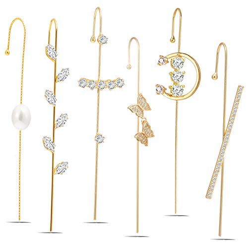 6pcs Ear Cuffs Crawler Hook Earrings for Women silver Hypoallergenic Piercing Ear Wrap Climbers Earrings Simple Pearl Cubic Zirconia Rhinestone Hoop Earrings(6gold)