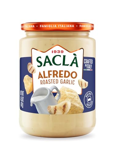 SACLA Alfredo Sauce with Roasted Garlic | Creamy Italian White Pasta Sauce with Cheese, Butter & Slow-Roasted Garlic | 14.5 oz Glass Jar | Imported from Italy | Non-GMO, Ready-To-Serve