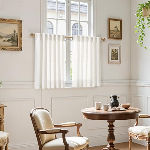 Image of Nanspring 24 Inch Linen Curtains for Kitchen Beige White Small Window Semi Sheer Curtains Back Tab and Rod Pocket Light Filtering Drapes for Basement Short Cafe Curtain, 36 x 24 Inch,2 Panels