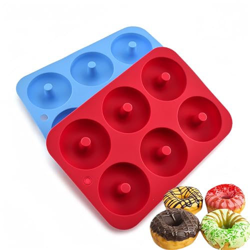 Silicone Donut Moulds, 2 Pack Silicon Doughnut Mould, Large Non-Stick 6 Cavity Molds Doughnut Tray Donut Pan, Bagel Baking Tin, Muffin Cupcake Biscuit Maker, Bakeware, Baker Tool - Blue, Red
