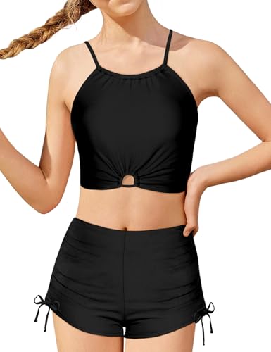 Image of BAVADER Girls Swimsuit 2 Pcs Solid Color Cutout Tankini with Shorts Drawstring Bathing Suit for Girls Swimwear 7-14Y