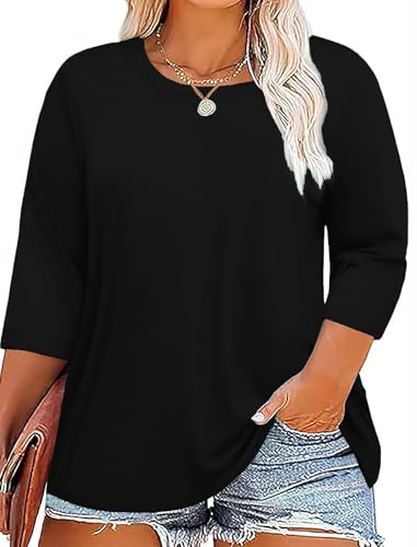 Plus Size 3/4 Sleeve T Shirts Women Fall Tops Round Neck Tshirts Tunic Casual Tee