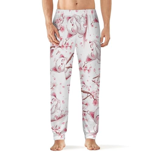 Cute Cat With Cherry Flowers Men's Pajamas Pants Lightweight Sleep Lounge Pant Pjs Bottoms Casual Sleepwear