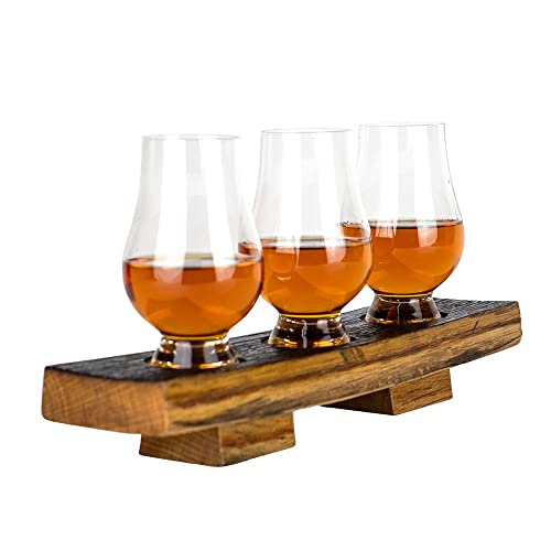 Whiskey Flight Board with Tasting Glasses - Handmade from Reclaimed Whiskey Barrels