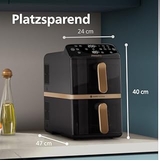 Philips Airfryer 4000 Series Stacked Dual Basket, Gestapelte Heißluftfritteuse mit 2 Körben, 10L, RapidAir Technologie, 45% weniger Platzbedarf, PFAS-freie Keramikbeschichtung, Sichtfenster (NA462/70)