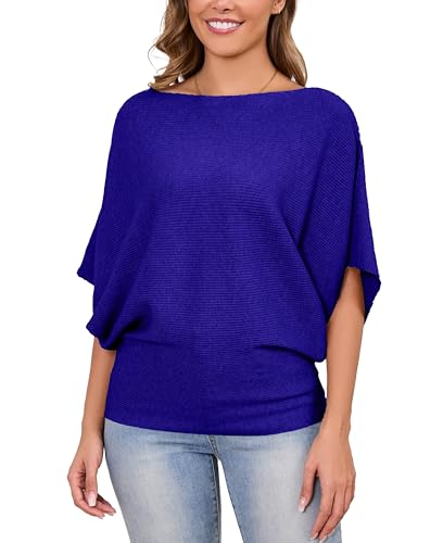Image of MAKARTHY Womens Batwing Sleeves Knitted Dolman Pullovers Boat Neck Tops Sweatershirts