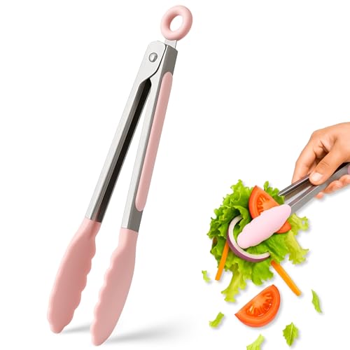 Pinzas de cocina, Pinzas de barbacoa, Pinza para cocinar, Material de acero inoxidable con silicona, Apta para alimentos, Pinza Ensalada, Libre de BPA, Mango Anti-Deslizante, Rosa, Longitud 21.4 cm