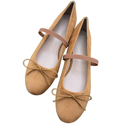 Image of TN TANGNEST Women's Mary Jane Flats Bow Ballet Shoes | Round Toe Flats with Buckle Strap Dressy Comfortable Faux Suede Flats