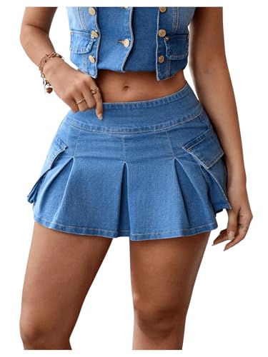Women's Pleated Denim Skirt Ruffle Mini Skirt with Pockets