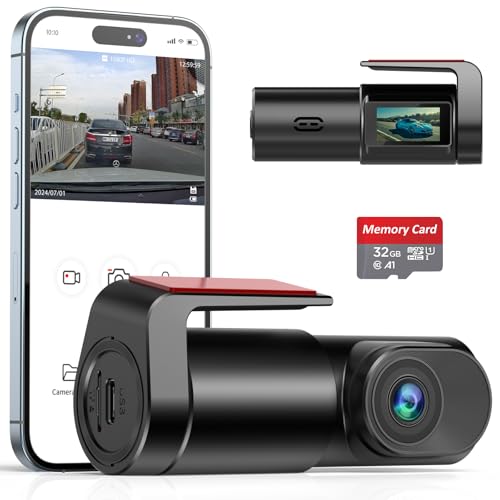 Dash Cam 1080P FHD Front Dashcam, Mini Hidden Single Car Camera,FREE 32GB Card Included，with Wi-Fi and App,LCD Screen,170°Wide Angle, WDR, 24H Parking Mode|Type C|Night Vision|Loop Recording |G-Sensor