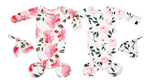 Image of Vollmic Newborn Baby Knotted Gown Sleeper Gown with Mittens Long Sleeve Nightgown Baby Coming Home Outfit with Hat 2 Pieces