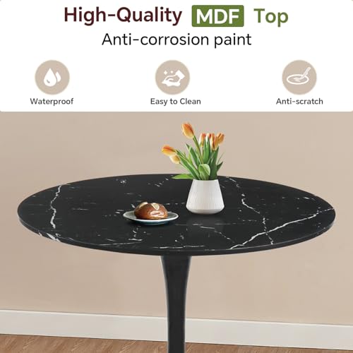 Image of Round Dining Table 31.5 inch Faux Marble Black Tulip Table with Pedestal Base for 2-4 People Small Space - Kitchen Living Room Cafe