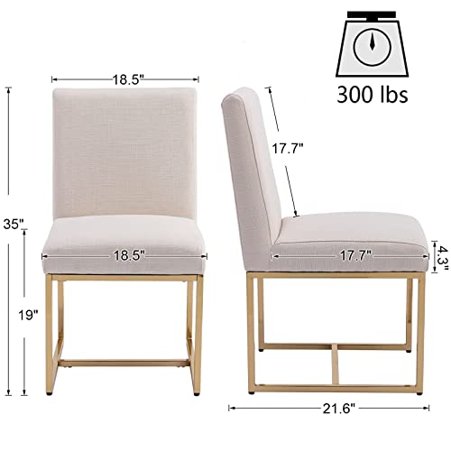 Image of HNY Modern Dining Chairs Set of 2, Upholstered Linen Dining Room Chairs with Ergonomic Back & Polished Gold Metal Frame for Home, Kitchen, Apartment, Cream