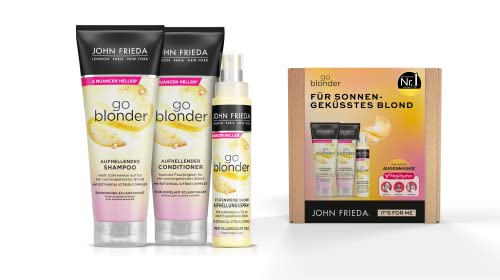 John Frieda Go Blonder Advantage Set para cabello rubio – champú, acondicionador, spray blanqueador y máscara de ojos MegRhythm – ilumina gradualmente – también para cabello tratado con color, 600 ml