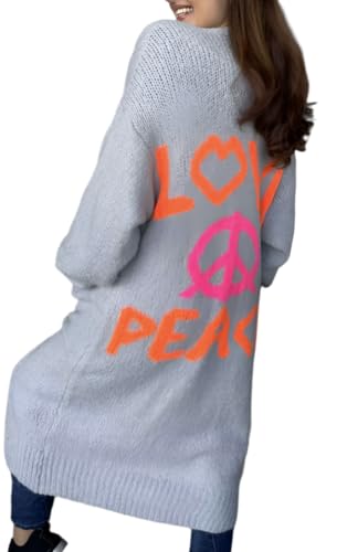 Women's Love Peace Long Cardigan Sweater, Graphic Print (US, Alpha,