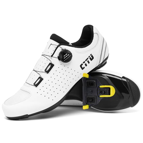PENXZT Zapatilla de Ciclismo Hombrey Mujer, compatibles con Look SPD SPD-SL Delta Cleats Moda Respirables Antideslizantes Zapatos Bicicleta de Carretera,Blanca,47 EU