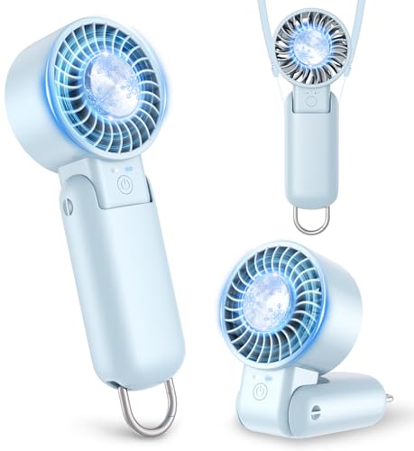 Handventilator mit Kühlfunktion, Mini Ventilator Tragbar Akku Wiederaufladbar, Faltbar USB Tischventilator, Taschenventilator Leise 5 Stufen, Kleiner Reiseventilator für Outdoor, Sport - Blau F2606