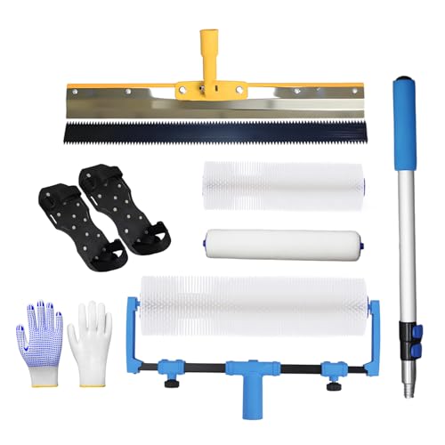 BERXOL Epoxy Floor Kit, Spiked Roller for Self Leveling, Spiked Shoes for Epoxy Flooring, Leveling Rake, Concrete Tools, Extension Pole 21.46-43.7 inches (Upgrade with Pole)