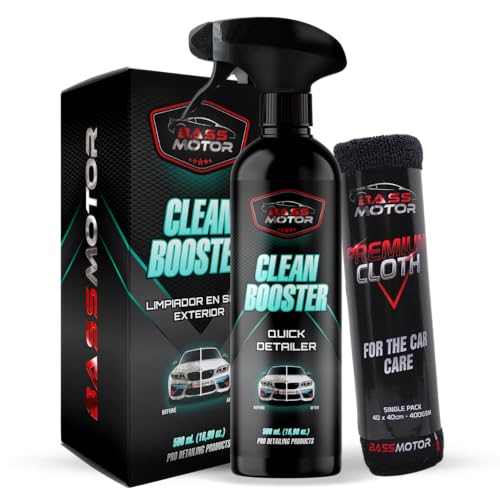 BassMotor Limpiador en seco todo en uno Exterior Coche para Limpieza Sin Agua Exterior de Carrocería Cristales Moto Uso Fácil - Clean Booster 500ml + Bayeta Premium