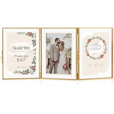 Jajamy Gold Floating Frames, Vintage 5x7 Triple Folding Picture Frame, Hinged Glass Picture Frames with Three Opening for Artwork Photo Stand on Tabletop Cover