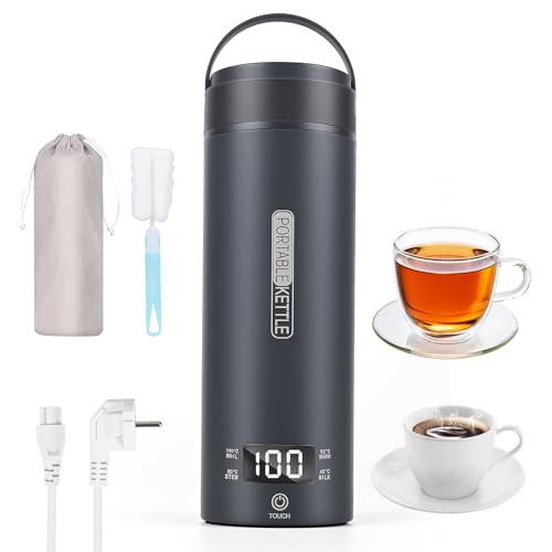 Euakee Tragbarer Elektrischer ReiseWasserkocher, 450ML Wasserkocher Reise Tee Kaffee Warmwasserkocher, Automatische Abschaltung & Kochen trocken Schutz mit 316 Edelstahl, 4 Temperaturregler (Grau)