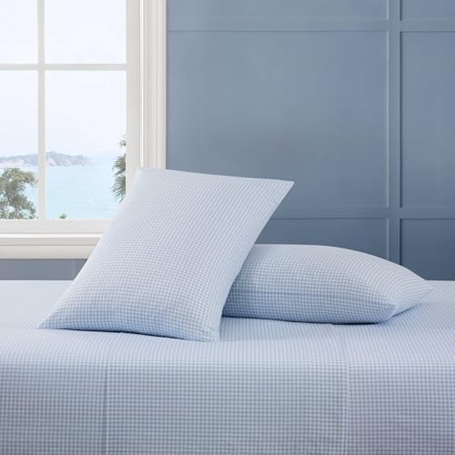 Image of Tommy Hilfiger - King Size Sheet Set, Crisp & Tailored Cooling Sheets with a Smooth Cotton Percale Lightweight Feel - Bed Sheets with Matching Pillowcases & Fitted Sheet (Gardena Check Blue)