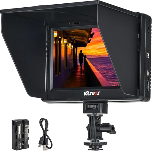 VILTROX DC-70 II 7 Pouce Caméra Vidéo Moniteur, 4K Caméra Field Moniteur Kit avec HDMI AV Entrée/Sortie pour Canon Nikon Sony DSLR Camera, Peaking Focus Assist Video Monitor with Sunshade Hood/Battery
