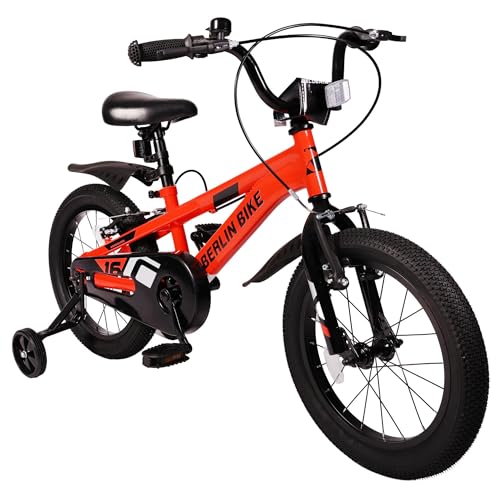 BERLIN BIKE Kinderfahrrad 16 Zoll mit Stützrädern V Brake Bremsen und Klingel für Jungen und Mädchen 4 bis 7 Jahre mit Schutzblech vorne und hinten