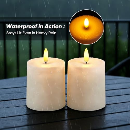 Image of Raycare 3 inchx3.5 inch White Outdoor Waterproof Flameless Candles with Remote and Timer, Realistic LED Candles, Battery Operated Electric Fake Pillar Candles for Porch, Patio, Garden, Set of 2