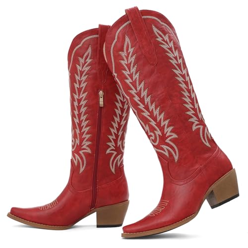 Image of Tscoyuki Cowboy Boots for Women: Embroidered Western Knee High Boots Women - Pointed Toe Chunky Heel Cowgirl Tall Boots