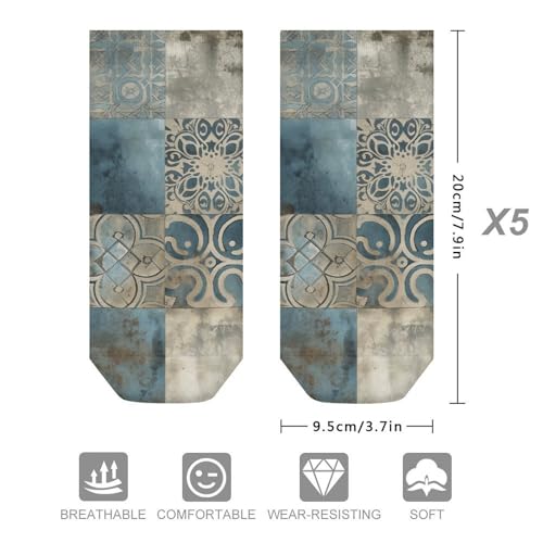 Blue Retro Pattern Ankle Socks 5-Pack, Breathable Casual Athletic Socks for Women Men, One Size (6-11)2