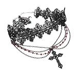 collar para mujer，Collar de cadenas de encaje negro multicapa para mujeres Gótico con colgante de cruz grande y colgante para fiesta de joyas de cuello
