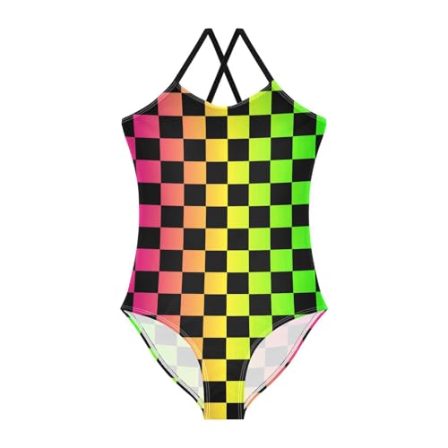 Image of Black and White Chess Girls One Piece Swimsuits Board Marble Tile Sport Halter Swimwear Beach Bathing Suit 3T