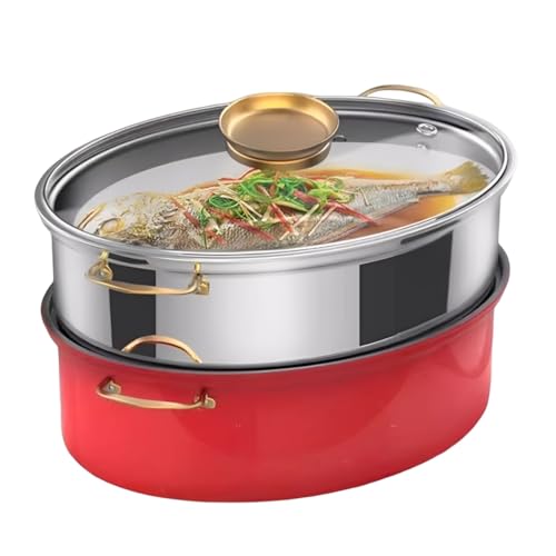 Pentola a vapore per pesce in acciaio inox, versatile per cuocere a vapore frutti di mare e arrostire tacchino, pentola ovale resistente con griglia, ideale per cucinare in casa (rosso)