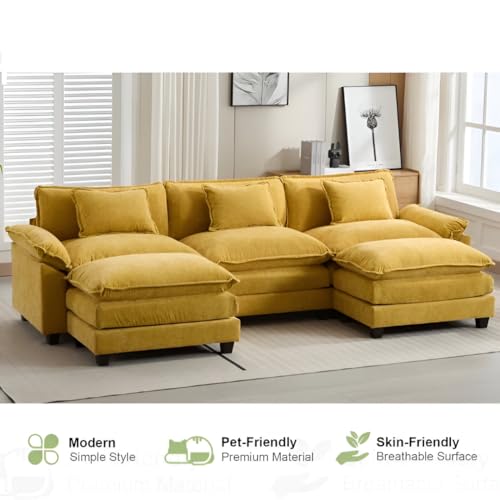 Image of Modern U Shaped Sectional Sofa, Plush Chenille Upholstery, Extra Deep Seats with Throw Pillows for Living Room Office Hotels (Yellow)