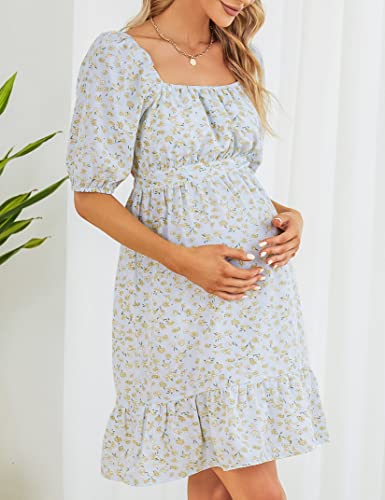 Kojooin Women Maternity Floral Ruffle Dress Summer Short Sleeve Tie Back Sundress A Line Gender Reveal Dress For Baby Shower Photoshoot, Sky Blue L #TOP1