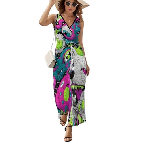 Pop Wolf Neon Eyeballs Sleeveless Maxi Dresses Summer V Neck