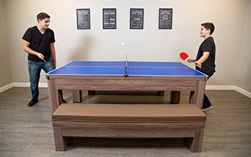 Hathaway Newport 7-Ft Pool Table Tennis Combination With Dining Top, Two Storage Benches With Accessories - Driftwood #TOP7