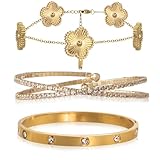 KSGYTNJ 3Pcs Floral 18K Gold Plated Bangle Bracelets for Women Set,Cubic Zirconia Open Heart Gold Stainless Steel Bangle Bracelet Fashionable Jewelry Gift For Wife and Girlfriend