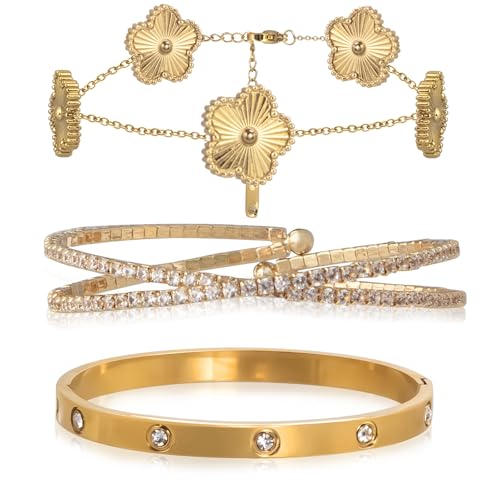 KSGYTNJ 3Pcs Floral 18K Gold Plated Bangle Bracelets for Women Set,Cubic Zirconia Open Heart Gold Stainless Steel Bangle Bracelet Fashionable Jewelry Gift For Wife and Girlfriend
