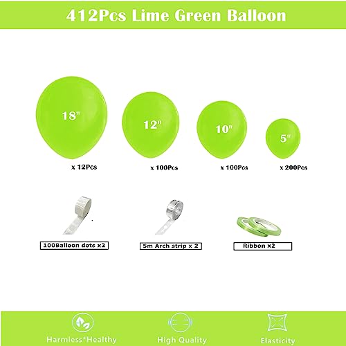 Image of 412pcs Lime Green Balloon Garland Arch Kit 18 12 10 5 Inch Different Sizes Matte Latex Balloons for Baby Shower Light Green Theme Birthday Summer Jungle Forest Party Decoration