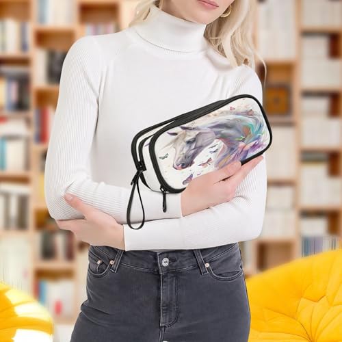 Image of White Horse Butterflies Pencil Case Box Boys Girls Large Pencil Pouch with Zipper Compartments Big Capacity Stationery Pen Bag Organizer for Kids Teens Adults School