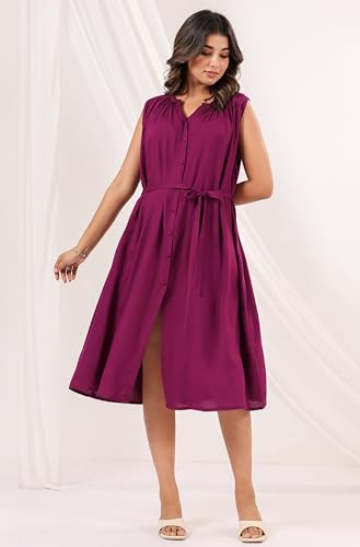Image of Janasya Women's Rayon Solid A-line Dress
