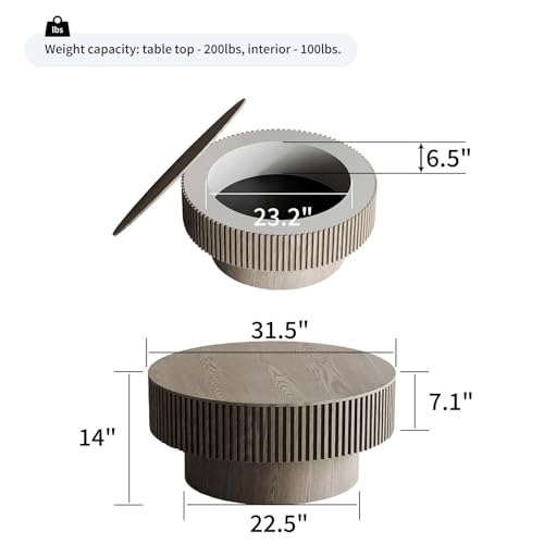 Round Coffee Table with Storage, Modern Wooden Coffee Table with Solid Wood Veneered, Circle Center Table Accent Tea Table for Living Room Apartment Small Space (31.5''L × 31.5''W × 14''H, Grey)