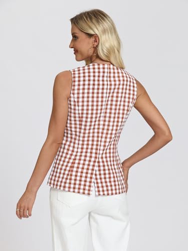 D-Sun Women's Sleeveless Blazer Vest Button Down Suit Vest Tops Gingham Trendy Round Neck Business Outerwear Waistcoat3