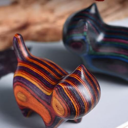 Estatua pequeña de gato tallada en madera negra y morada miniatura 6