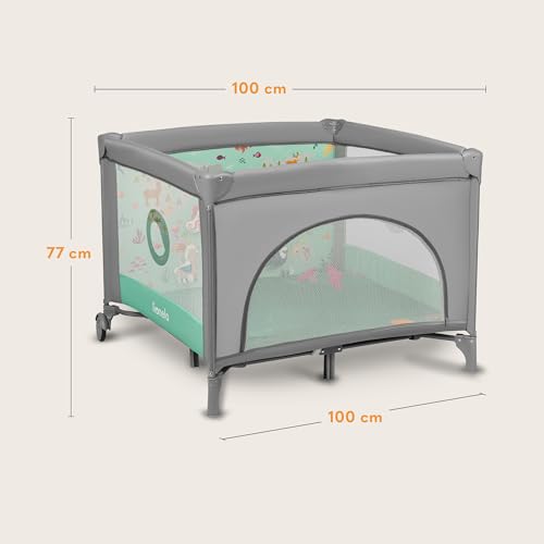 LIONELO MILLE 2-in-1 Baby-Reisebett und Laufstall 100x100 cm bis 15 kg 0-36 Monate Seitlicher Eingang mit Reißverschluss Kinderreisebett mit Matratze Räder mit Bremse einfaches Zusammenklappen