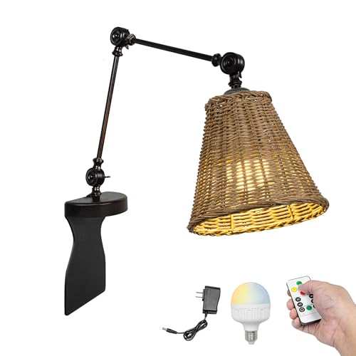 Kiven Battery Operated Headboard Reading Light, Dimmable No Drilling Reading Lamp, Farmhouse Rattan Nightstand Lamp with Adjustable Swing Arm,Remote for Reading Bedside Side Table Desk DZ0512