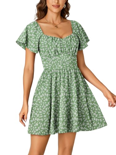 Image of Rooscier Women's Tie Back Square Neck Wrap Ruffle Short Sleeve Flare Mini Dress