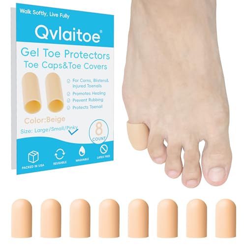 Qvlaitoe Gel Toe Protector and Toe Cap - Toe Cushions and Protects to Provide Relief from Missing or Ingrown Toenails, Corns, Blisters, Hammer Toes (Beige, 8 Pack, Pinky)